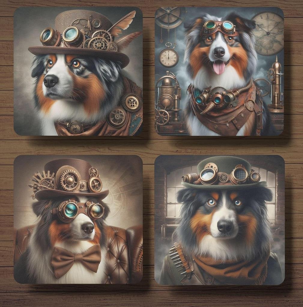 Australian Shepherd Steampunk onderzetters met houder, Ophalen of Verzenden, Nieuw