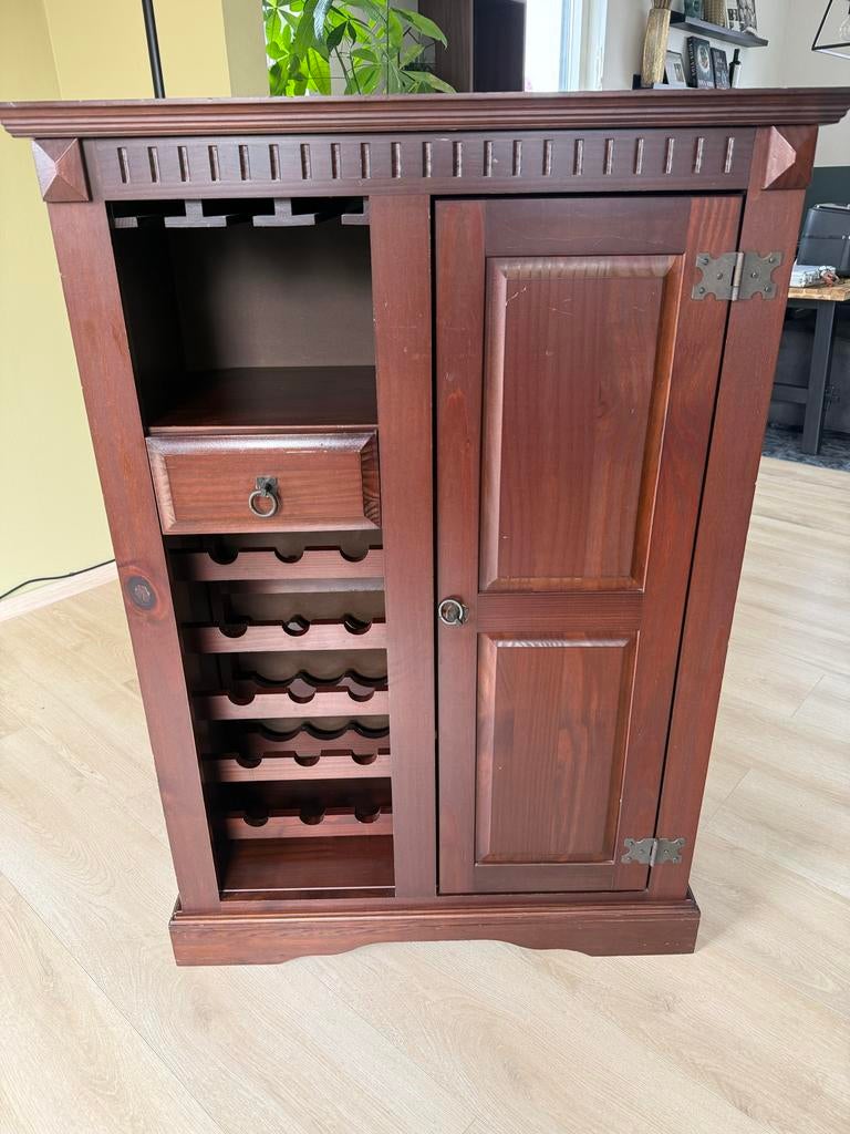 Luxe houten wijnkast met rek, glashouder en lade, Ophalen, Gebruikt, 15 tot 25 flessen, 75 cm of meer