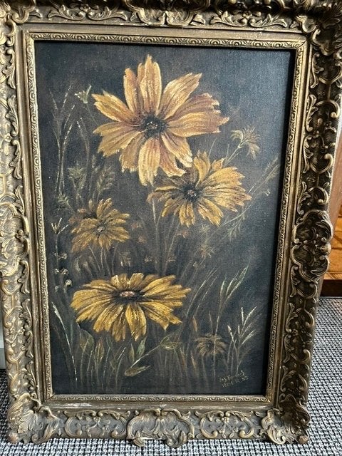 Antiek schilderij met bloemen, Doek, Bijzondere lijst, Olieverf, Klassiek