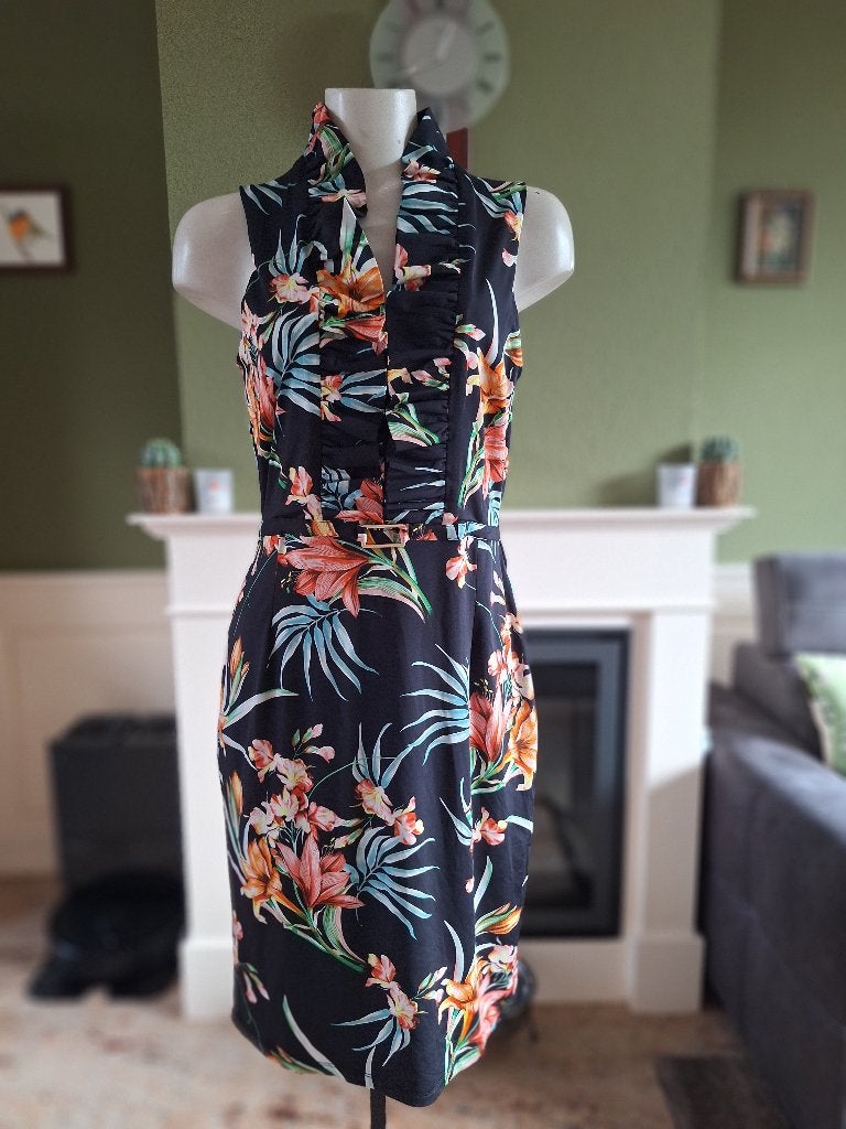 K-Design ruches kraag jurkje M diep blauw bijna zwart, Kleding | Dames, Maat 38/40 (M), K-design, Zo goed als nieuw, Knielengte