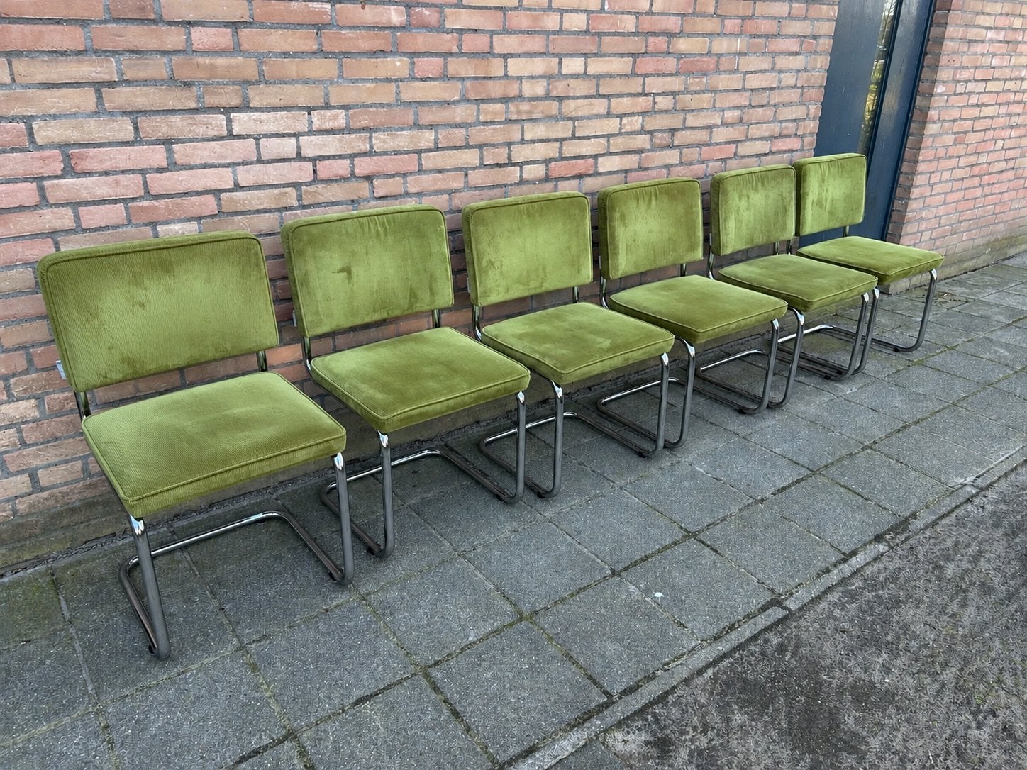 6 Groene Zuiver Ridge Rib Ribstof Stoelen, Huis en Inrichting, Ophalen, Overige kleuren, Hout, Zo goed als nieuw