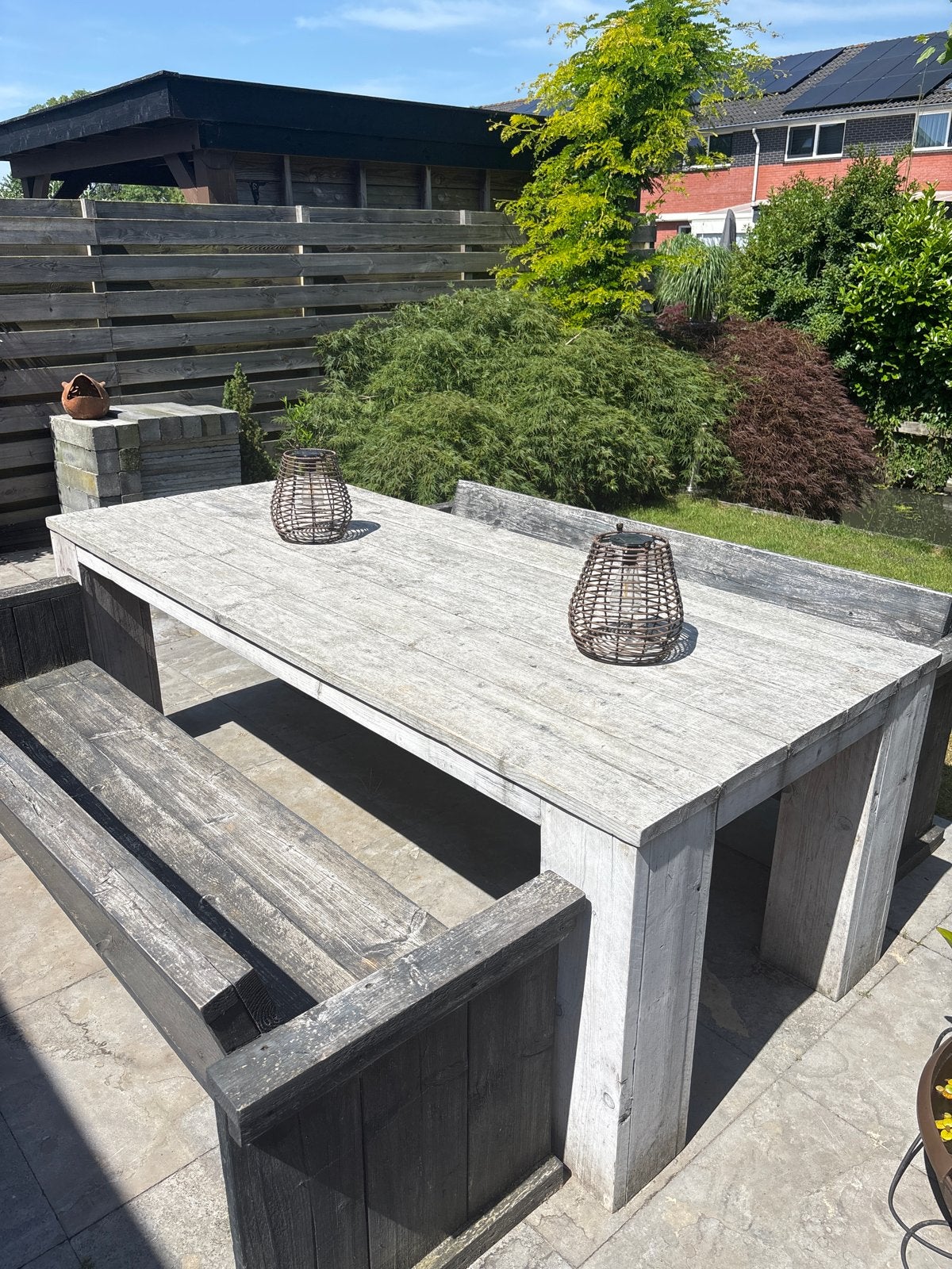 Robuuste steigerhouten tafel met banken, Ophalen, Gebruikt, Rechthoekig, Hout