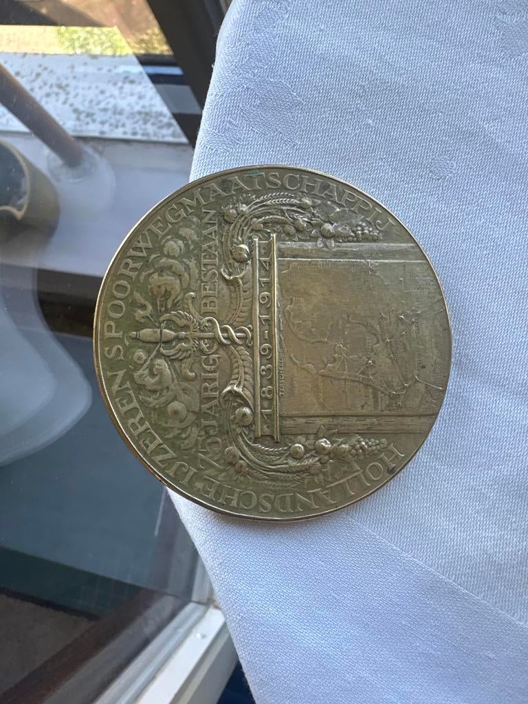 Historische Medaille: 75 Jaar Hollandsche IJzeren Spoorweg, Ophalen of Verzenden, Brons, Nederland