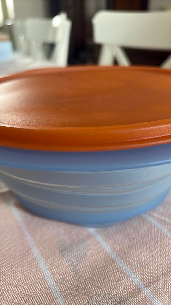 Tupperware, opvouwbaar vergiet, blauw, kom oranje met deksel, Ophalen of Verzenden, Zo goed als nieuw, Blauw, Bak of Kom