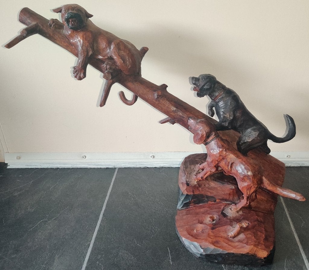 Antieke handgesneden houten beeld groep dieren, Antiek en Kunst, Kunst | Beelden en Houtsnijwerken, Overige onderwerpen, Houtsnijwerk
