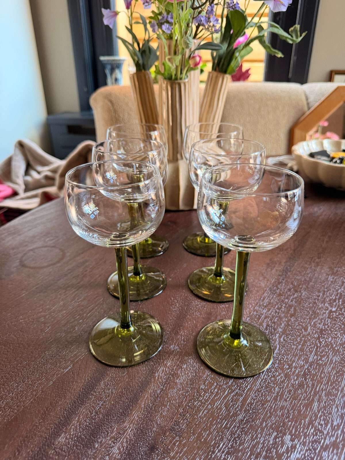 Set van 6 vintage Luminarc Elzas wijnglazen groene steel, Ophalen of Verzenden