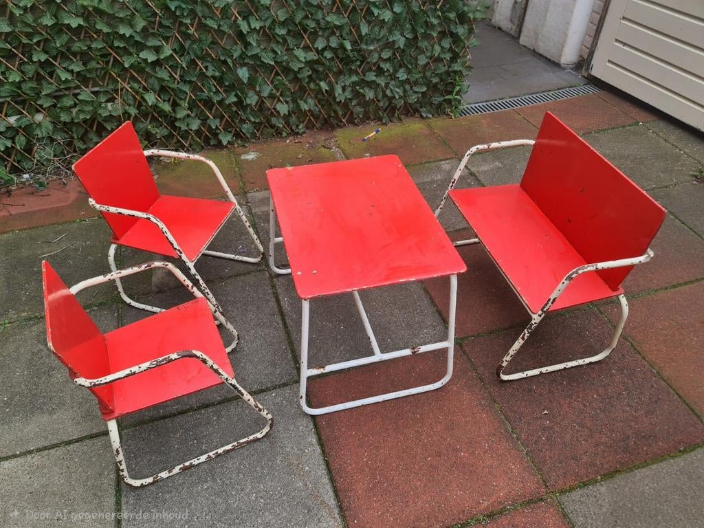 Vintage Industriële Kinderset: Tafel, Bankje & 2 Stoeltjes, Ophalen, Gebruikt, Tafel(s) en Stoel(en)