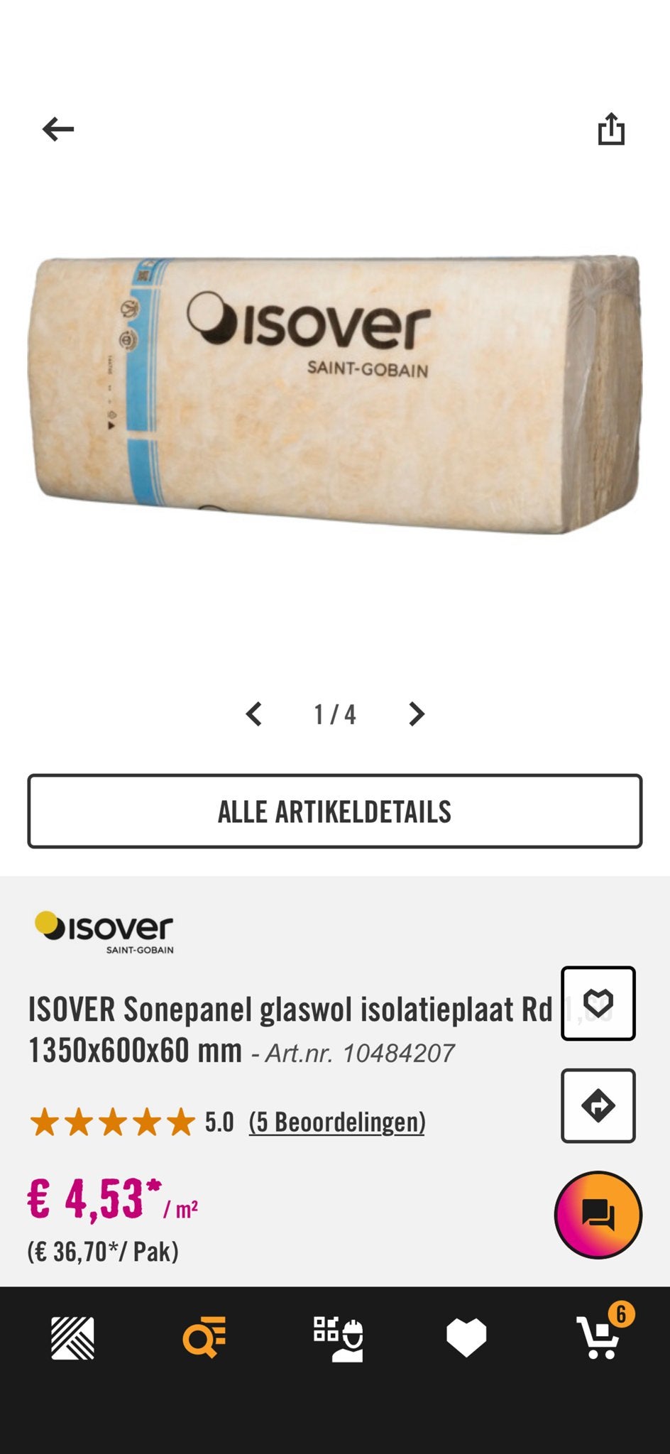 ISOVER Sonepanel glaswol isolatieplaat 1350x600x60 mm, Ophalen, 4 tot 8 cm, Nieuw, Minder dan 5 m²