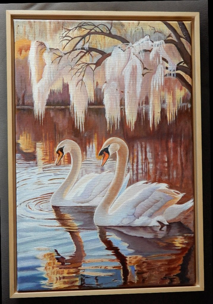 Schilderij witte zwanen, Overige stijlen, Doek, Dieren, Ophalen of Verzenden