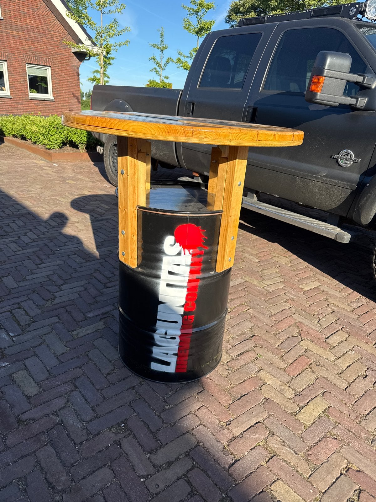 Bartafel met blad 100 cm, hoogte 120 cm - 3 stuks, Gebruikt, Ophalen of Verzenden, 90 cm of meer, 3 krukken