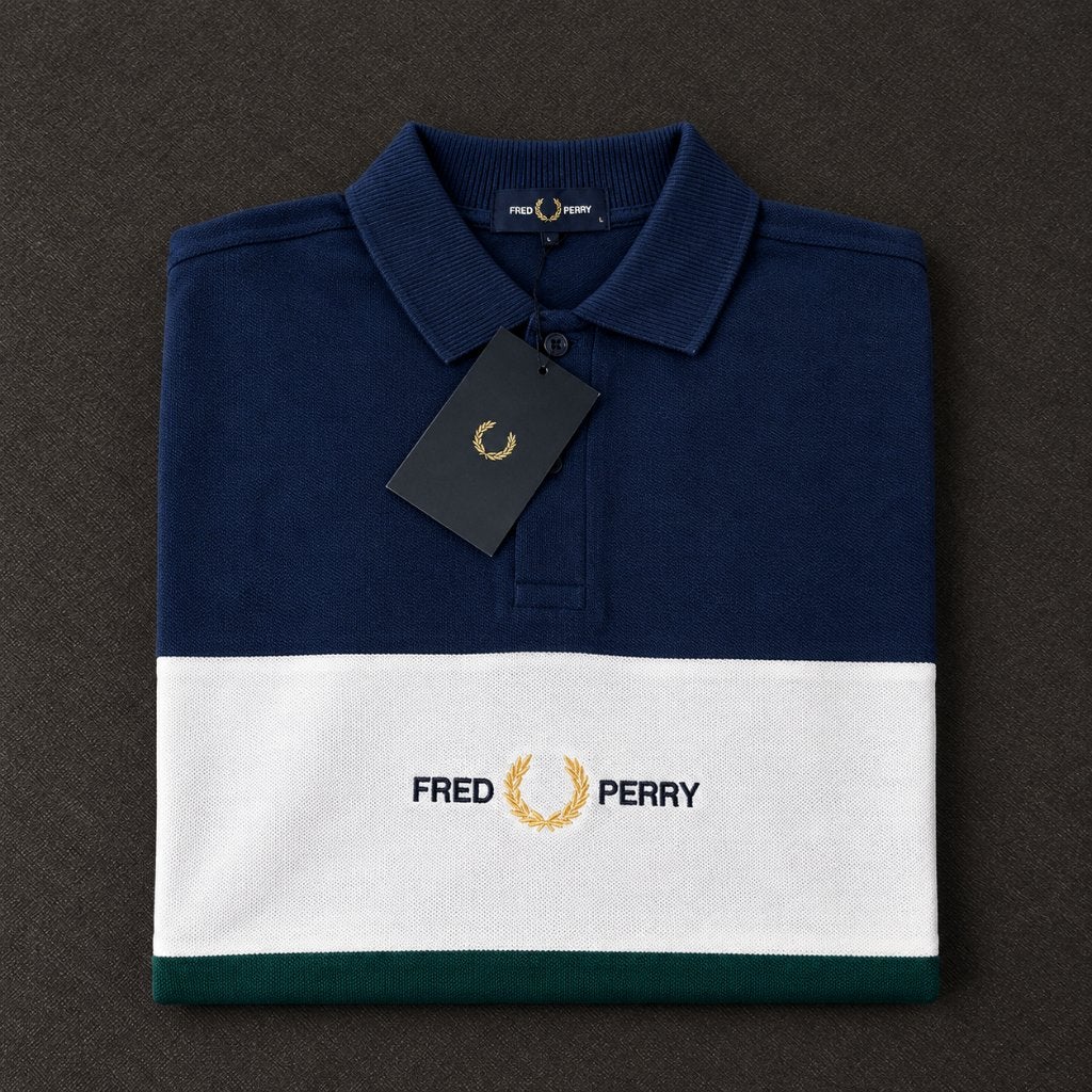 Fred Perry polo | Colourblock | Navy/wit/groen | M, Maat 48/50 (M), Wit, Ophalen of Verzenden, Zo goed als nieuw