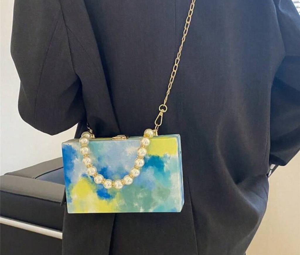 Clutch Tas met Parel Handvat en Ketting - Waterverf D, Ophalen of Verzenden, Nieuw, Blauw