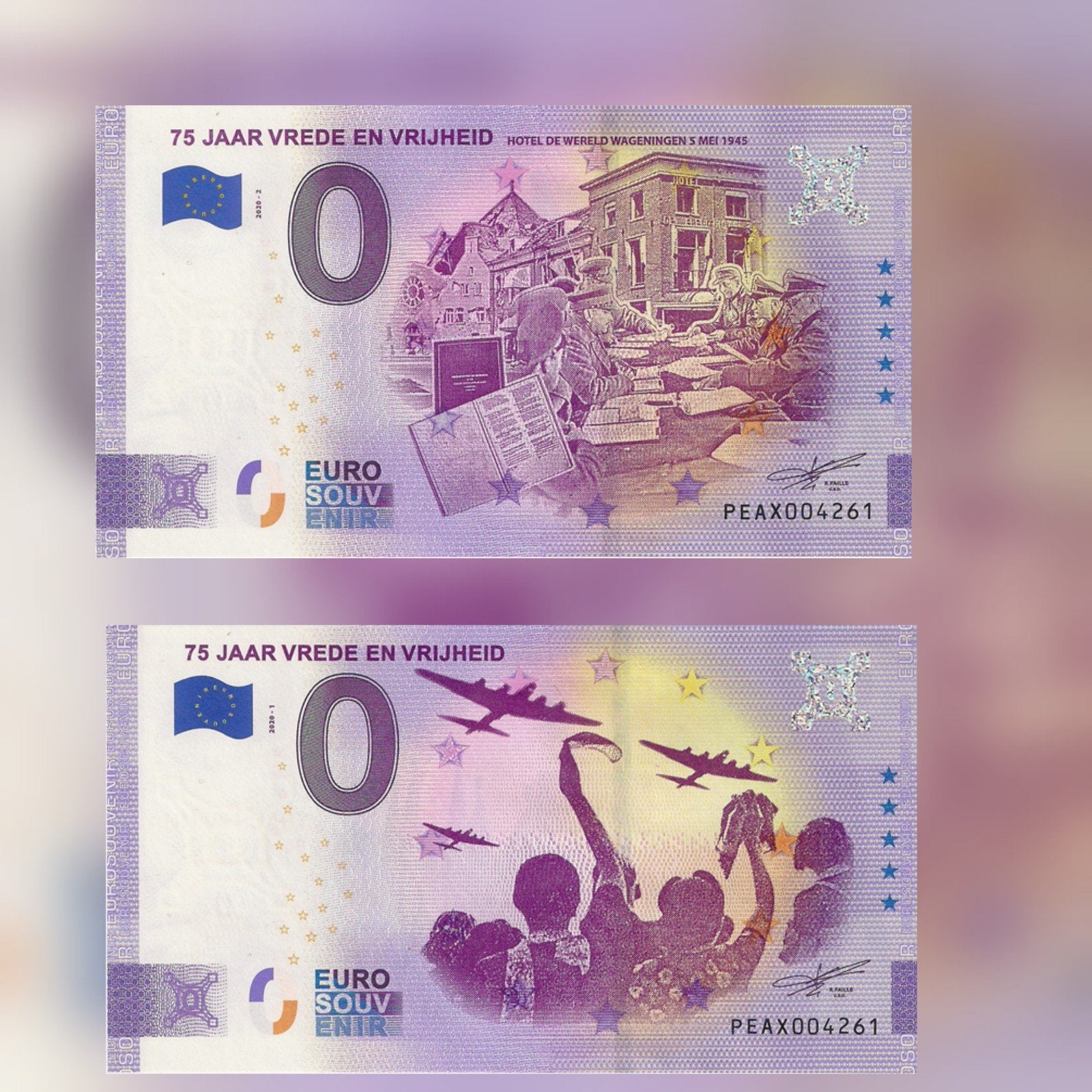 Twee Anniversary 0 Euro biljetten 75 jaar vrede en vrijheid, Postzegels en Munten, Bankbiljetten | Europa | Eurobiljetten, Ophalen of Verzenden