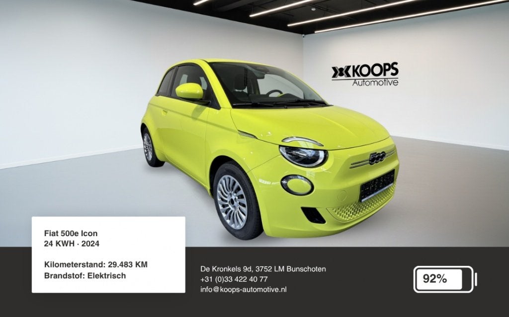 Fiat 500E 24 kWh SOH 92% | Car play | Cruise control | Lane, Auto's, Fiat, Gebruikt, Zwart, 95 pk, Met garantie (alle)