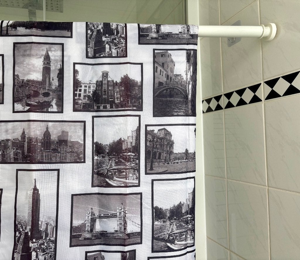Douchegordijnstang en Douchegordijn Amsterdam, Huis en Inrichting, Badkamer | Badtextiel en Accessoires, Ophalen, Zo goed als nieuw