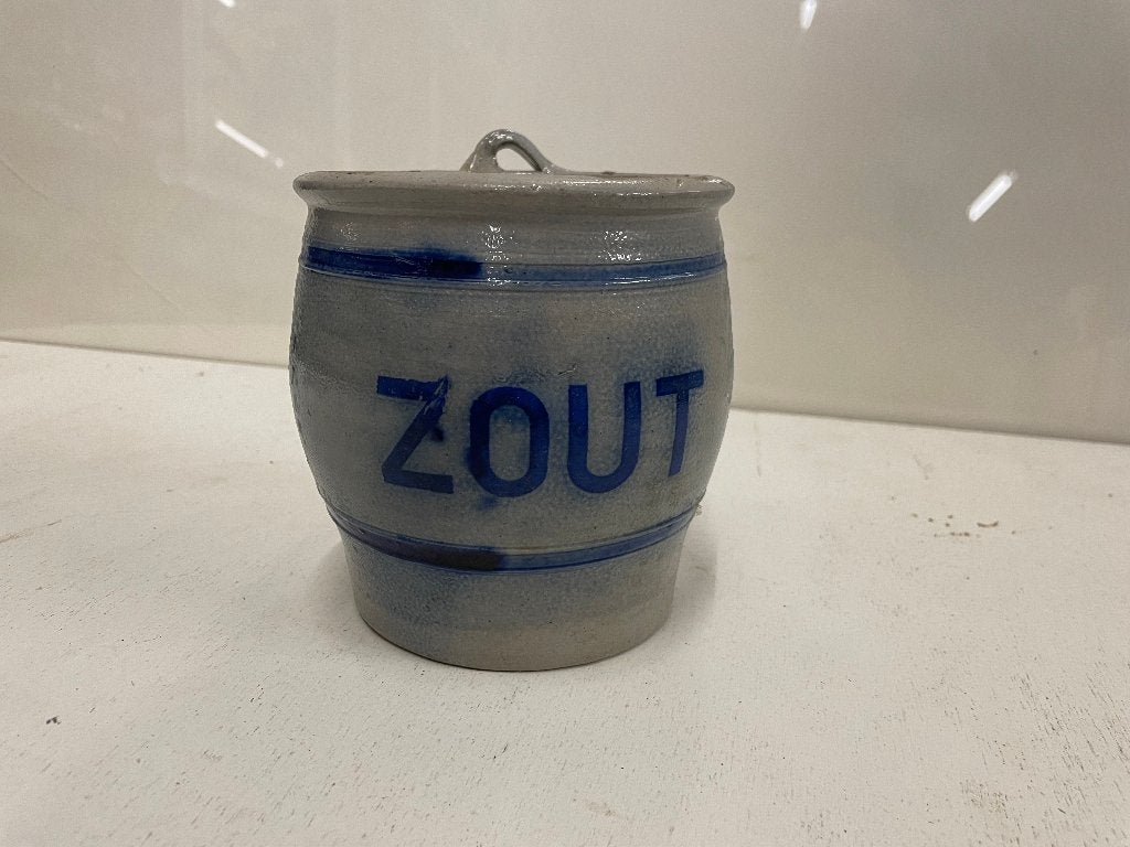 keulse zout pot blauw grijs gres  13,5hx12,5d € 30, Ophalen