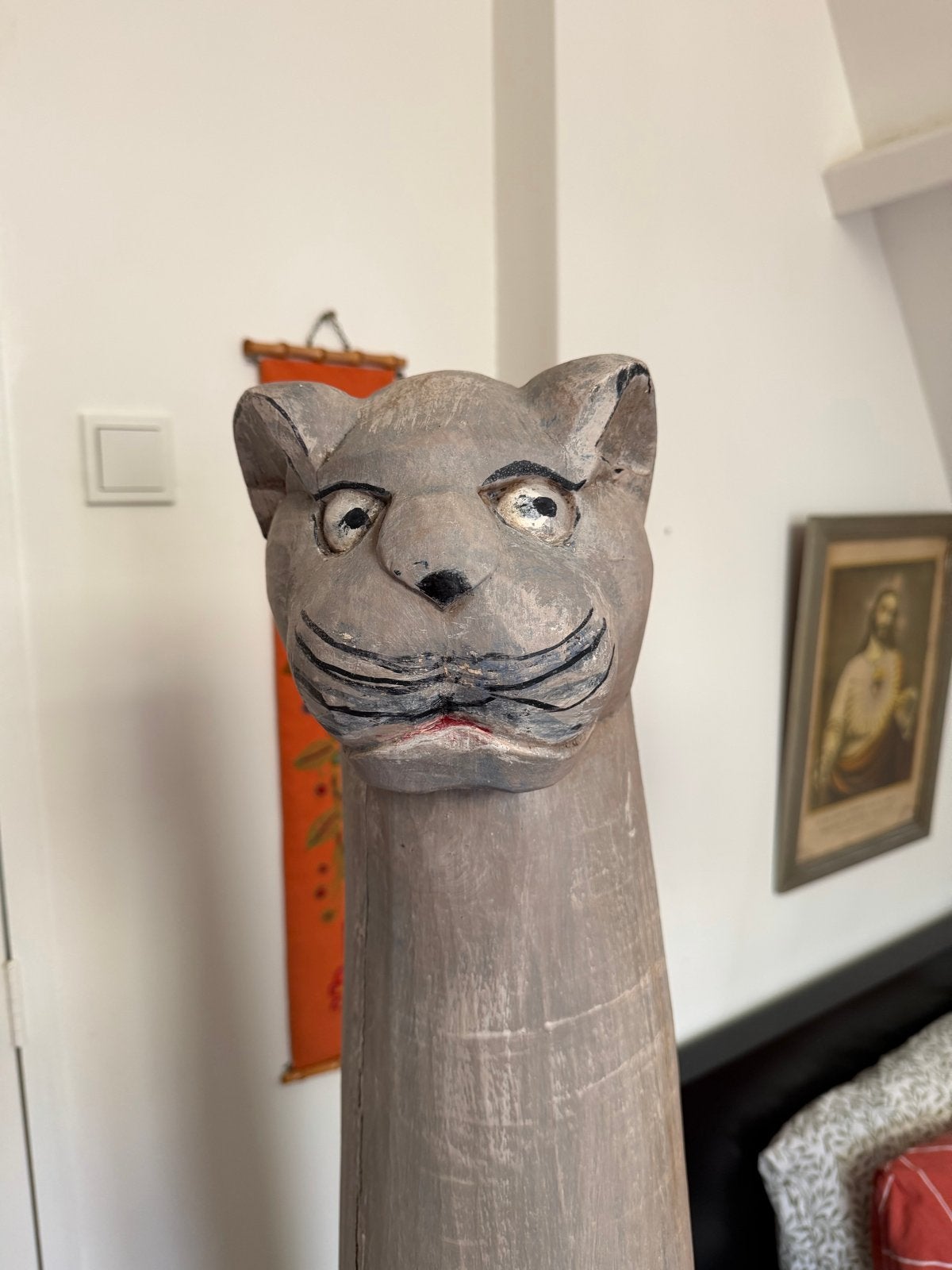 Unieke handgesneden houten katten sculptuur, Ophalen, 1 meter - 2 meter, Beeld, Hout