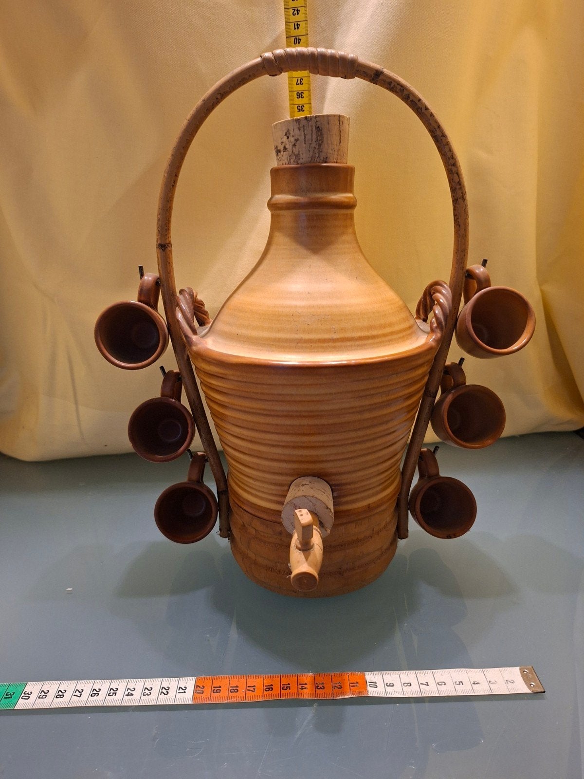 Vintage Aardewerk Drankdispenser met 6 Bekers, Ophalen of Verzenden