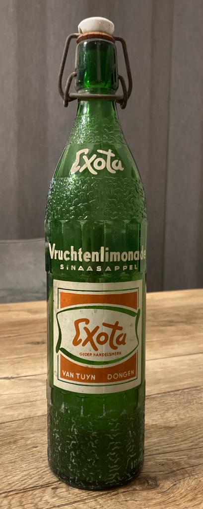 Oude groene glazen Exota vruchtenlimonade beugelfles, Ophalen of Verzenden, Zo goed als nieuw, Verpakking