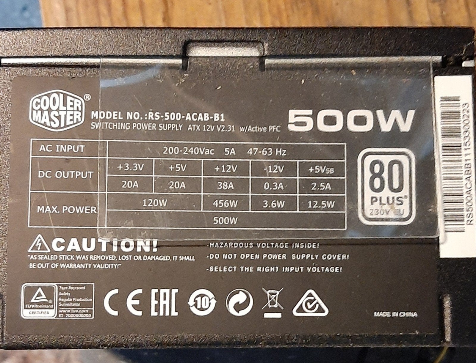 Cooler Master RS-500-ACAB-B1 Voeding met 2 PC Fans, Computers en Software, Ophalen of Verzenden, Gebruikt, Luchtkoeling
