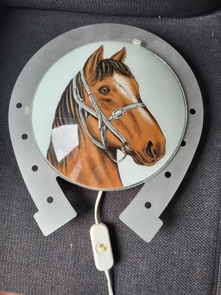 Wandlamp Hoefijzer met Paard - Opknapper, Huis en Inrichting, Ophalen of Verzenden, Gebruikt, Glas, Landelijk, Paarden thema, Rustiek