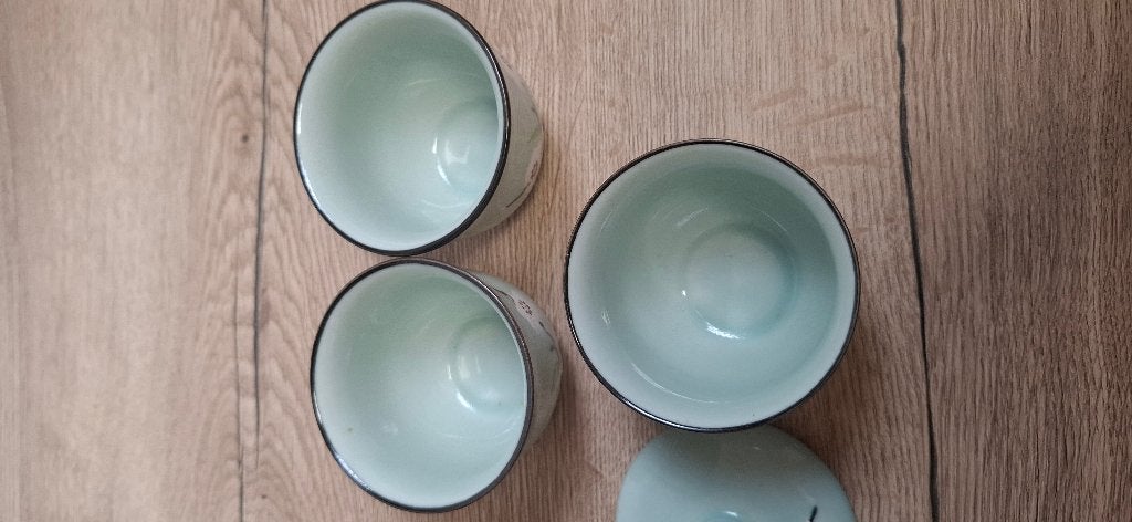 Aziatische Theekoppen Set met Deksel Celadon Kersenbloesem, Keramiek, Onbekend, Ophalen of Verzenden, Zo goed als nieuw