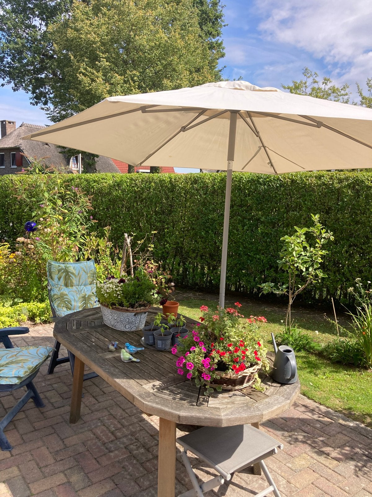 Parasol met hoes en voet., Ophalen, Gebruikt, 2 tot 3 meter, Stokparasol