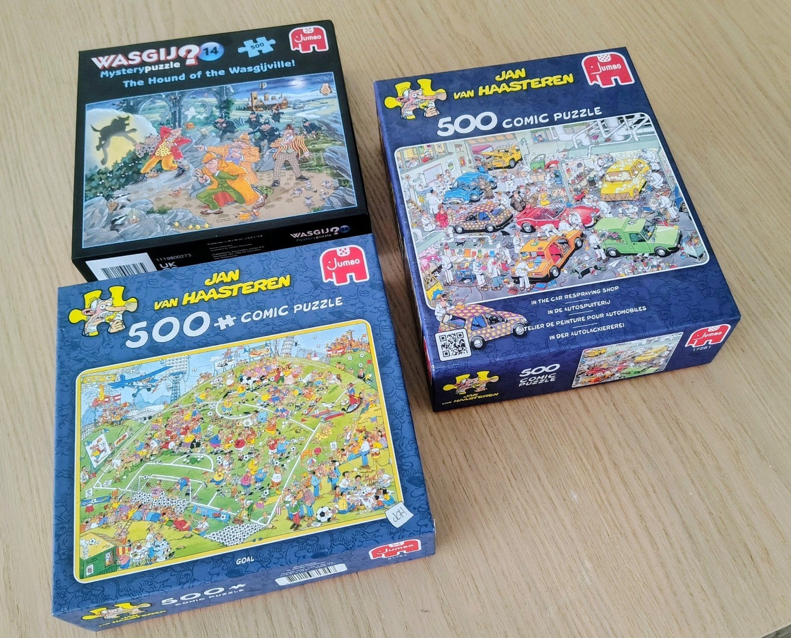 3 puzzels van 500 stukjes. 2 Van Haasteren 1 Wasgij, Ophalen of Verzenden, 500 t/m 1500 stukjes, Zo goed als nieuw, Legpuzzel