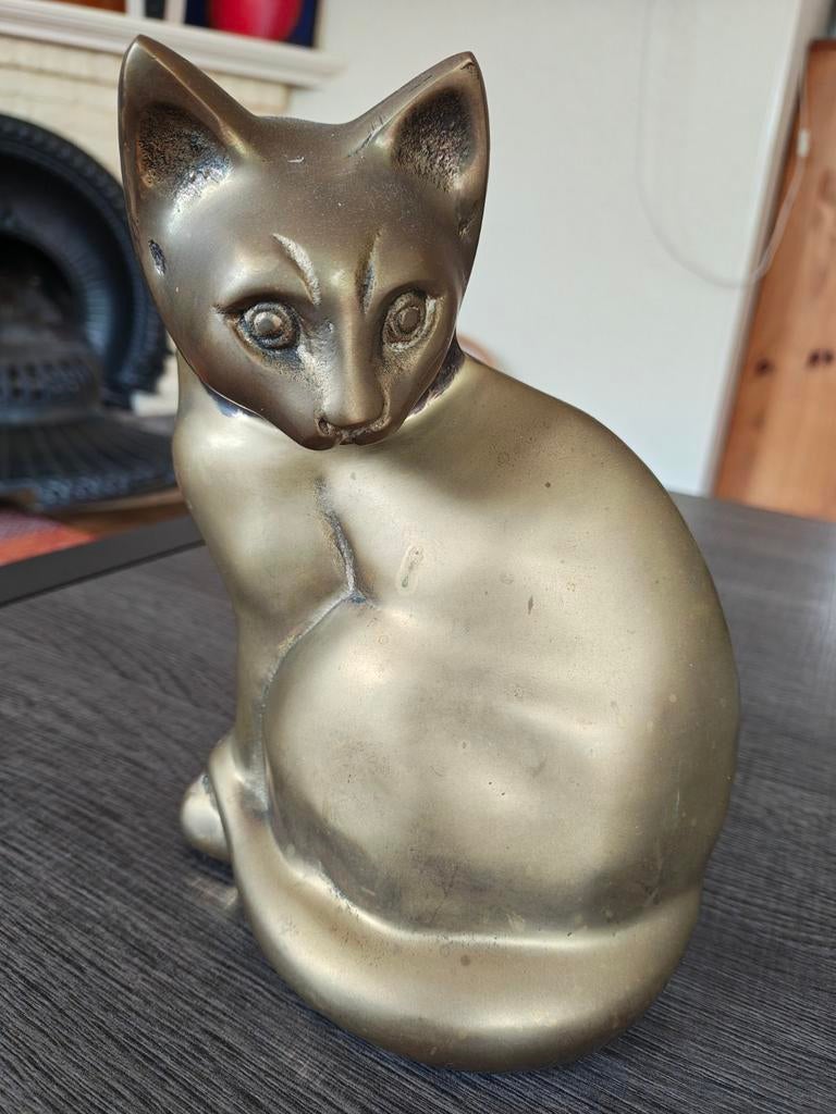 Vintage messing kat uit Korea, 20 cm hoog, Antiek en Kunst, Ophalen of Verzenden
