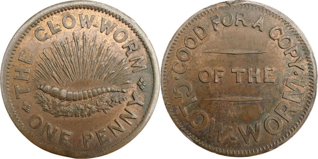Reclametoken 1 penny ca. 1860, Londen, The Glow-worm, Postzegels en Munten, Ophalen of Verzenden, Overige landen, Losse munt