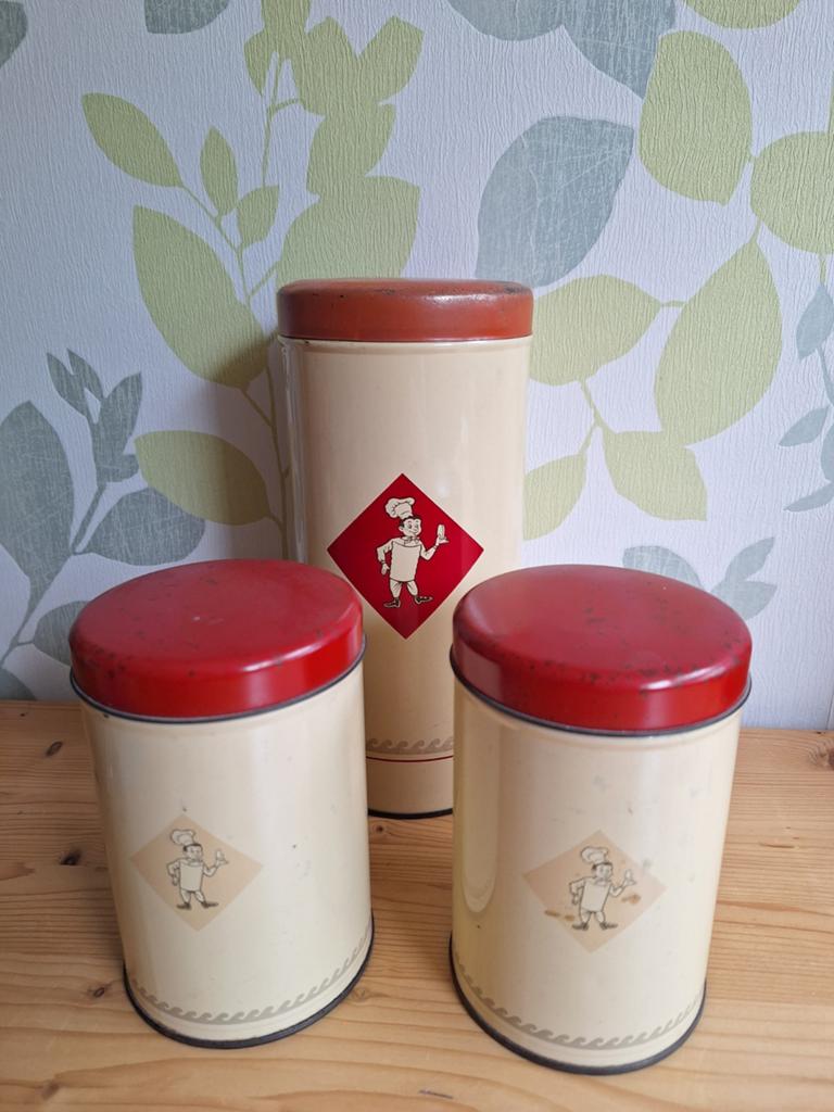 Vintage Bolletje beschuitbus en 2 paneermeelbusjes, Ophalen of Verzenden