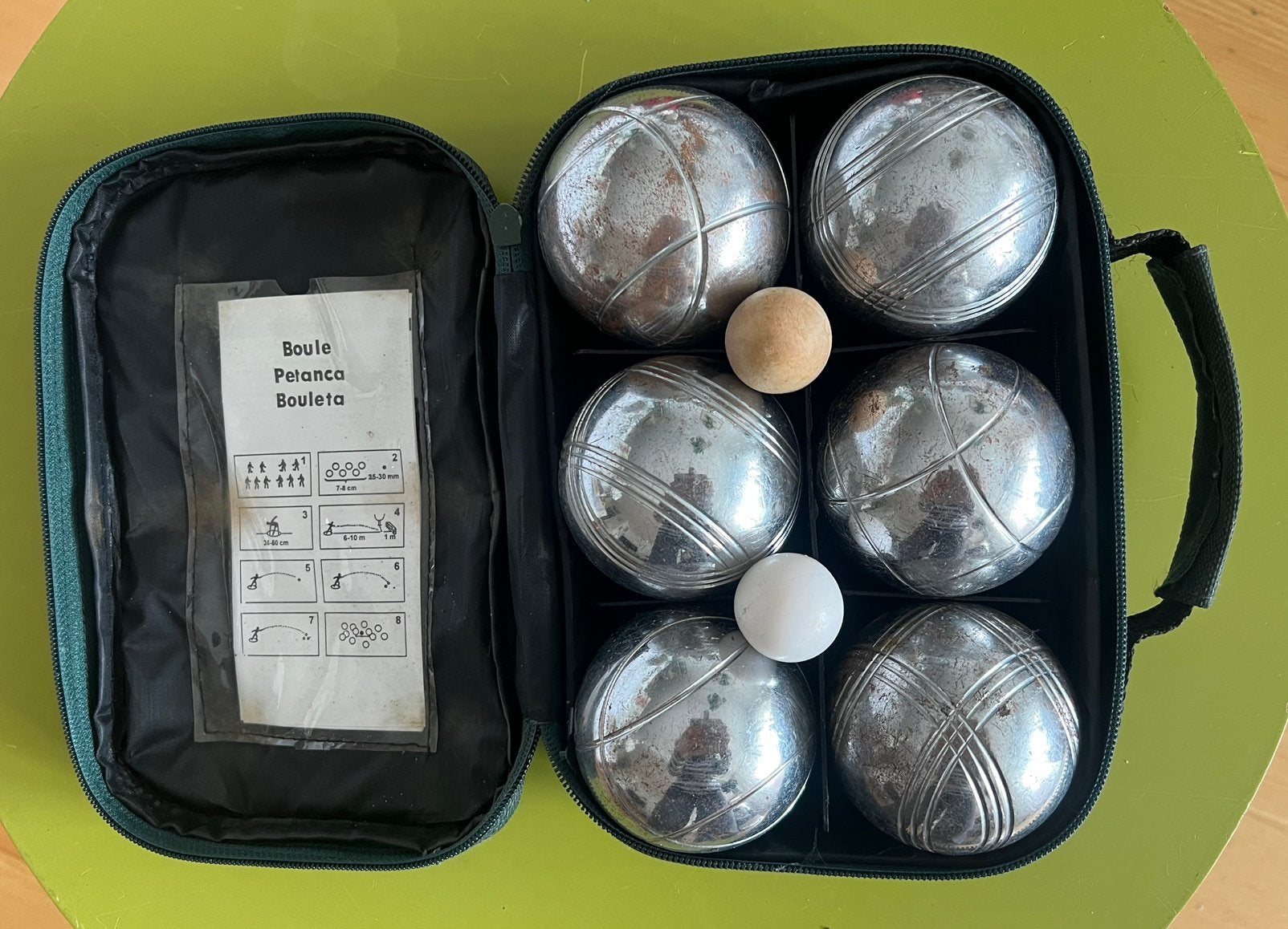 COMPLETE SET VAN 6 ZWARE JEU DE BOULE BALLEN+ 2 BUTS + TASJE, Sport en Fitness, Bowlen, Ophalen, Gebruikt, Bal