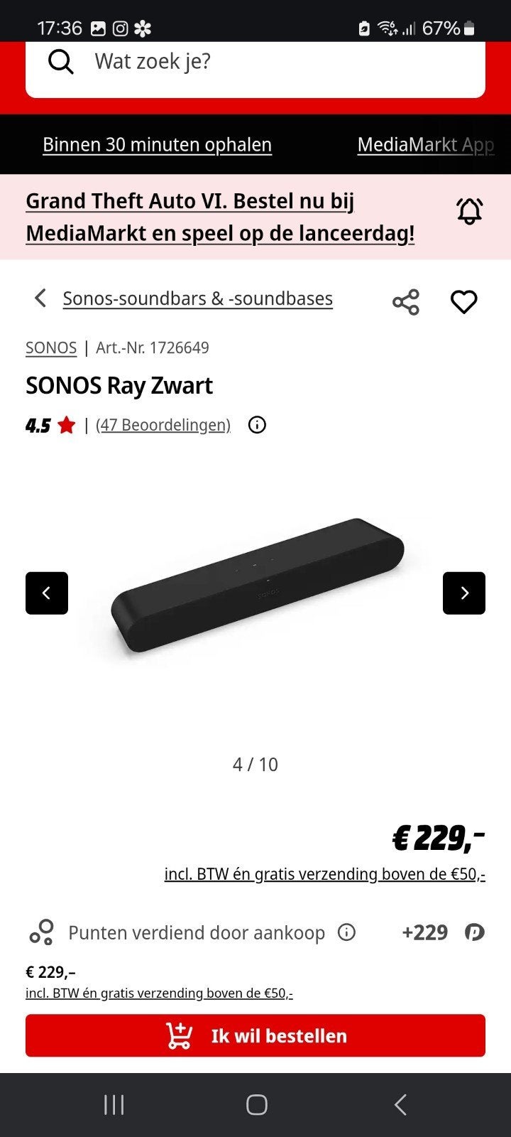 Sonos Ray Zwart, Ophalen of Verzenden, Bluetooth, Nieuw