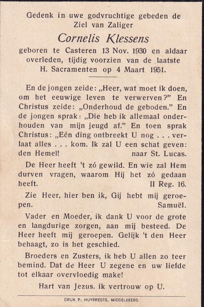 Klessens Cornelis 1930 Casteren 1951, Ophalen of Verzenden, Bidprentje