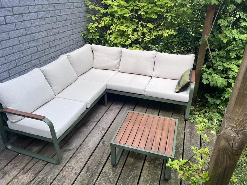 Groene tuinset, met beige kussens|€150|, Tuin en Terras, Tuinsets en Loungesets, Gebruikt, Ophalen