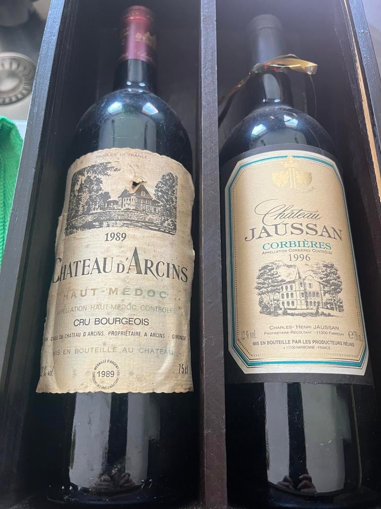 2 flessen Franse rode wijn: Chateau d'Arcins 1989 & Jaussan, Ophalen of Verzenden, Gebruikt, Frankrijk, Rode wijn