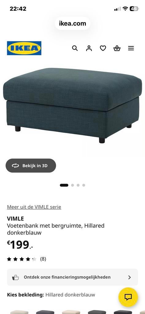 IKEA VIMLE Voetenbank hocker met opbergruimte, donkerblauw, Huis en Inrichting, Banken | Voetenbanken en Poefen, Ophalen, 75 tot 100 cm