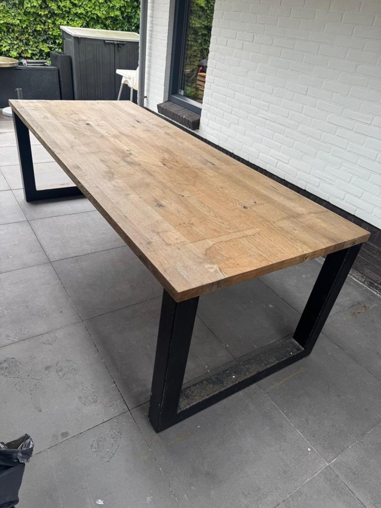 Industriële eikenhouten tafel 240x90 cm – opknapper, Ophalen, Gebruikt, Rechthoekig, Hout