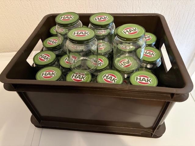 40 Lege HAK potten incl krat, Huis en Inrichting, Keuken | Potten en Pannen, Ophalen, Zo goed als nieuw, Glas, Pot, Bus of Blik