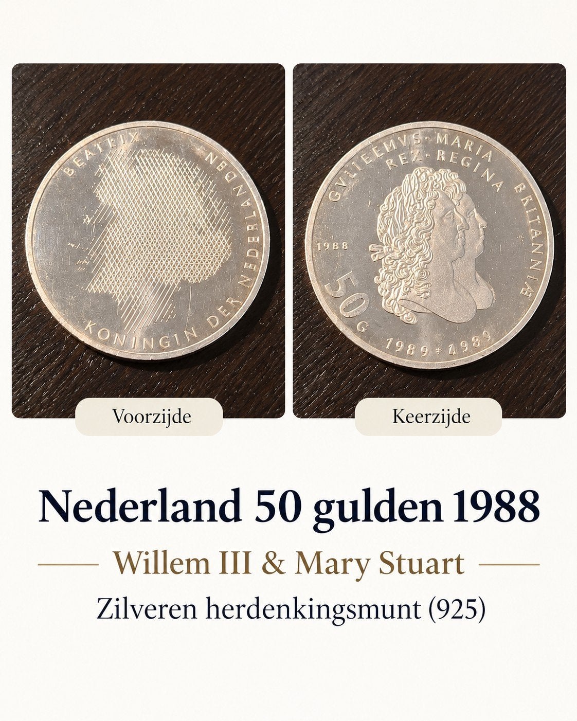 Nederland 50 gulden 1988 - Willem III & Mary Stuart, Koningin Beatrix, Zilver, Ophalen of Verzenden, Losse munt