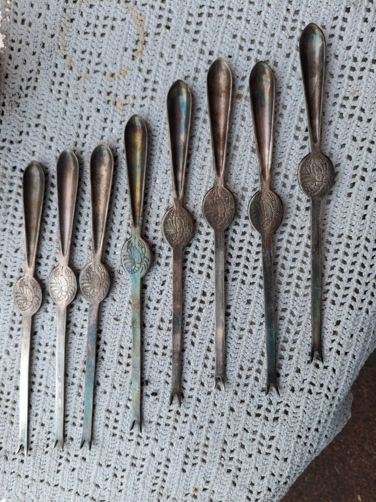 Set van 8 antieke verzilverde kreeftenvorkjes, Ophalen of Verzenden