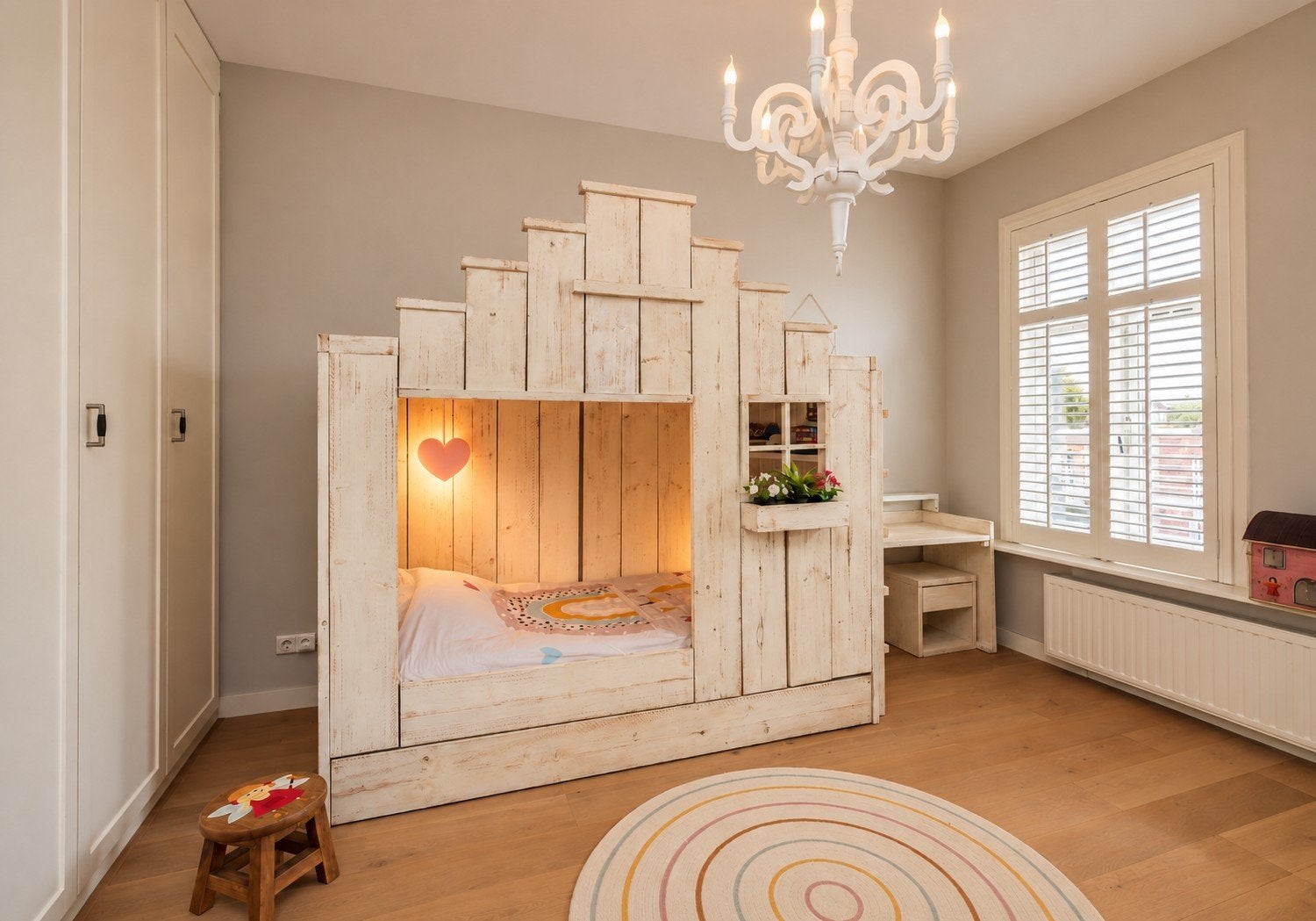 Steigerhouten Stapelbed met Bureau, Nachtkastje & Kast, Ophalen, 85 tot 100 cm, Hoogslaper of Stapelbed, Gebruikt