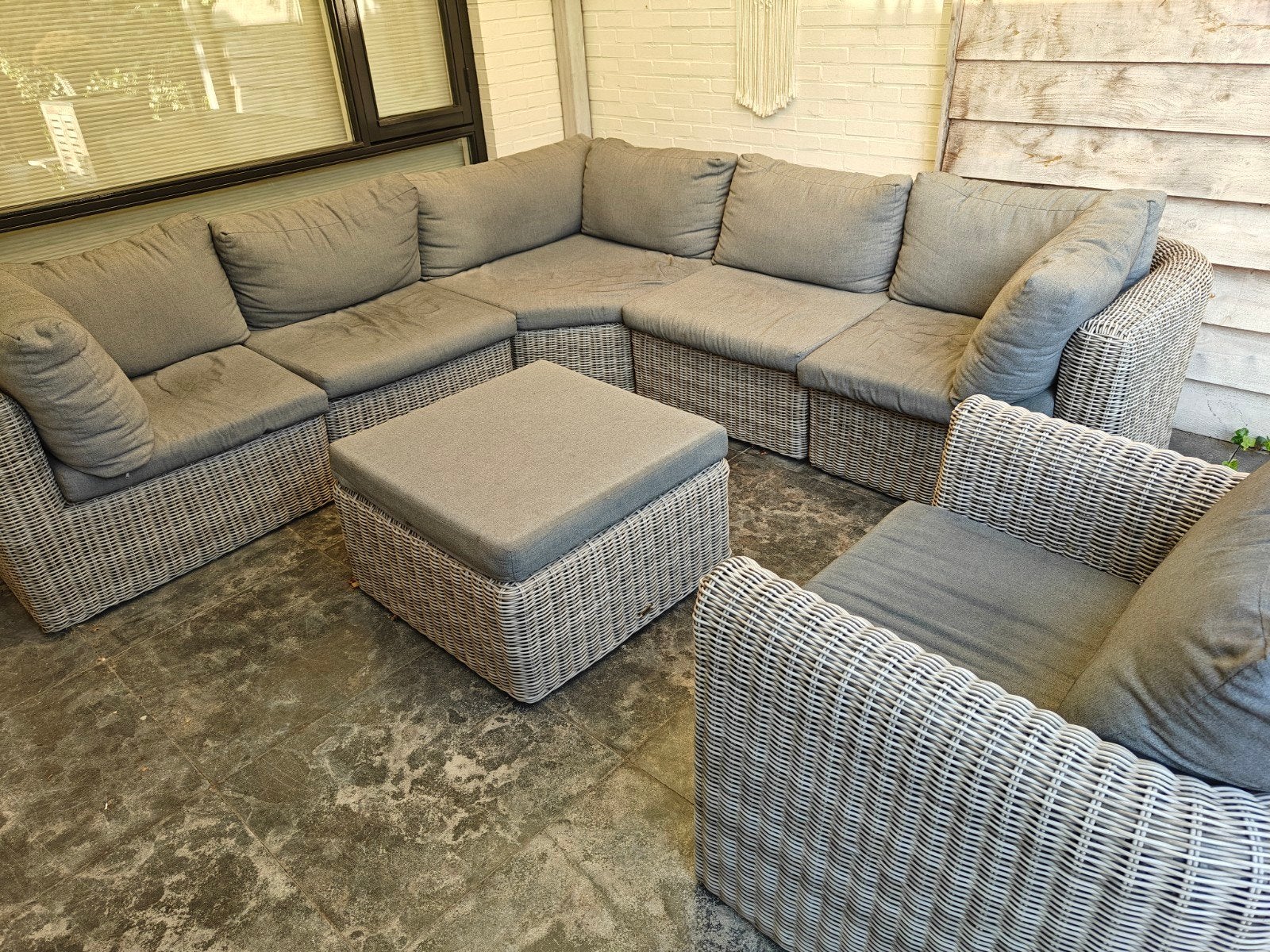 Luxe Loungeset van wicker met Hoekbank en Fauteuil grijs, Ophalen, Gebruikt, Meer dan 8 zitplaatsen, Loungeset