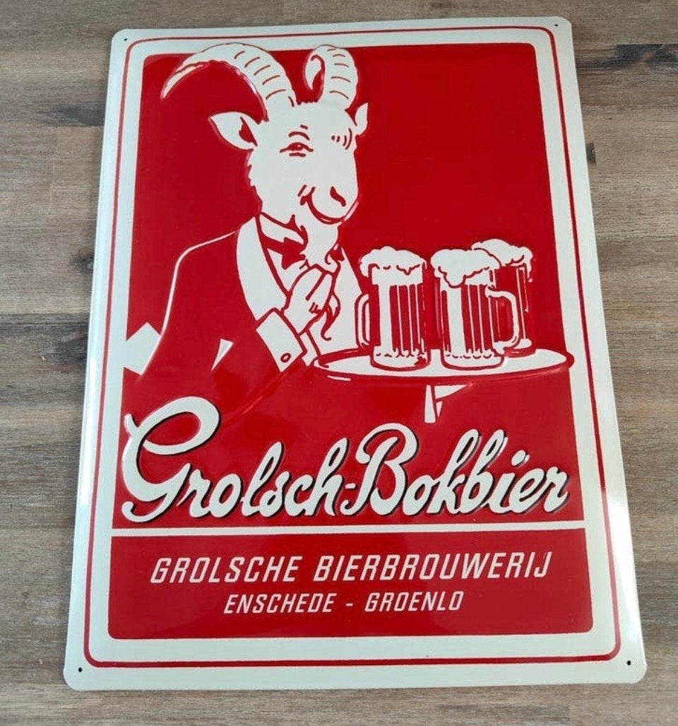 Grolsch Bokbier Reclamebord - Vintage Metalen Plaat, Ophalen of Verzenden, Zo goed als nieuw, Reclamebord, Plaat of Schild, Grolsch