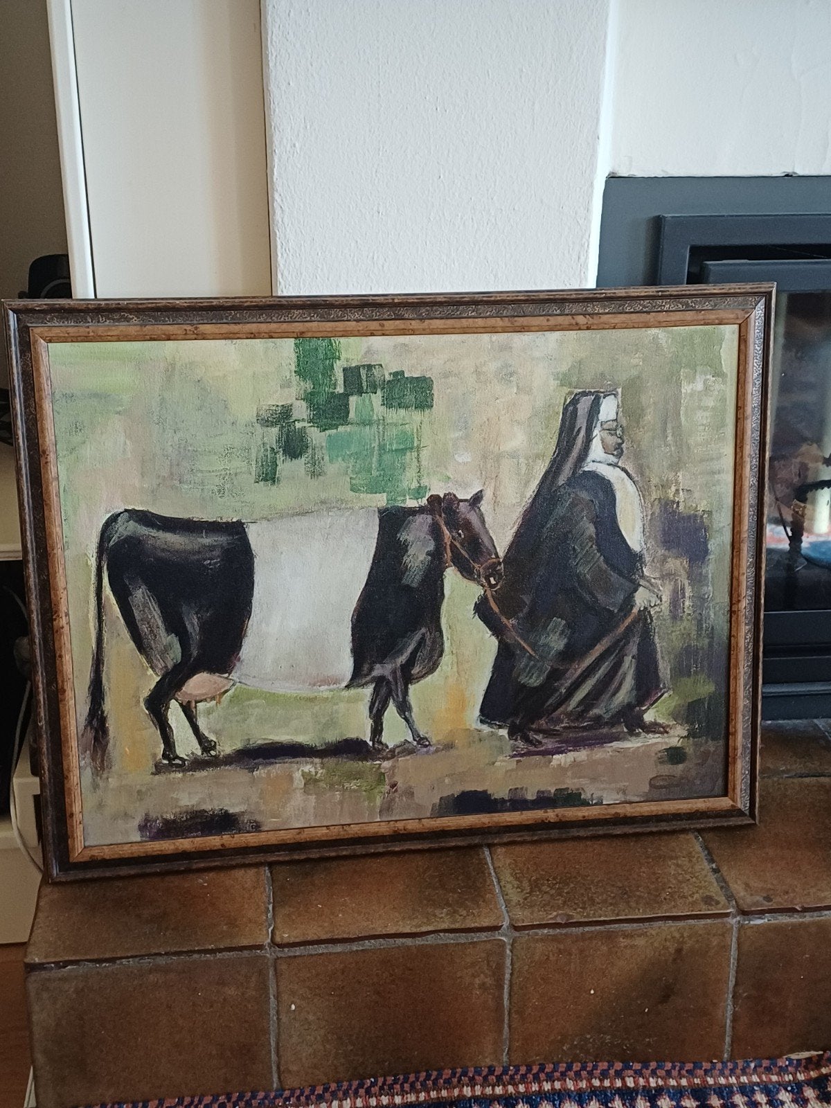 Schilderij: Koe met non, Doek, Dieren, Ophalen of Verzenden, Olieverf