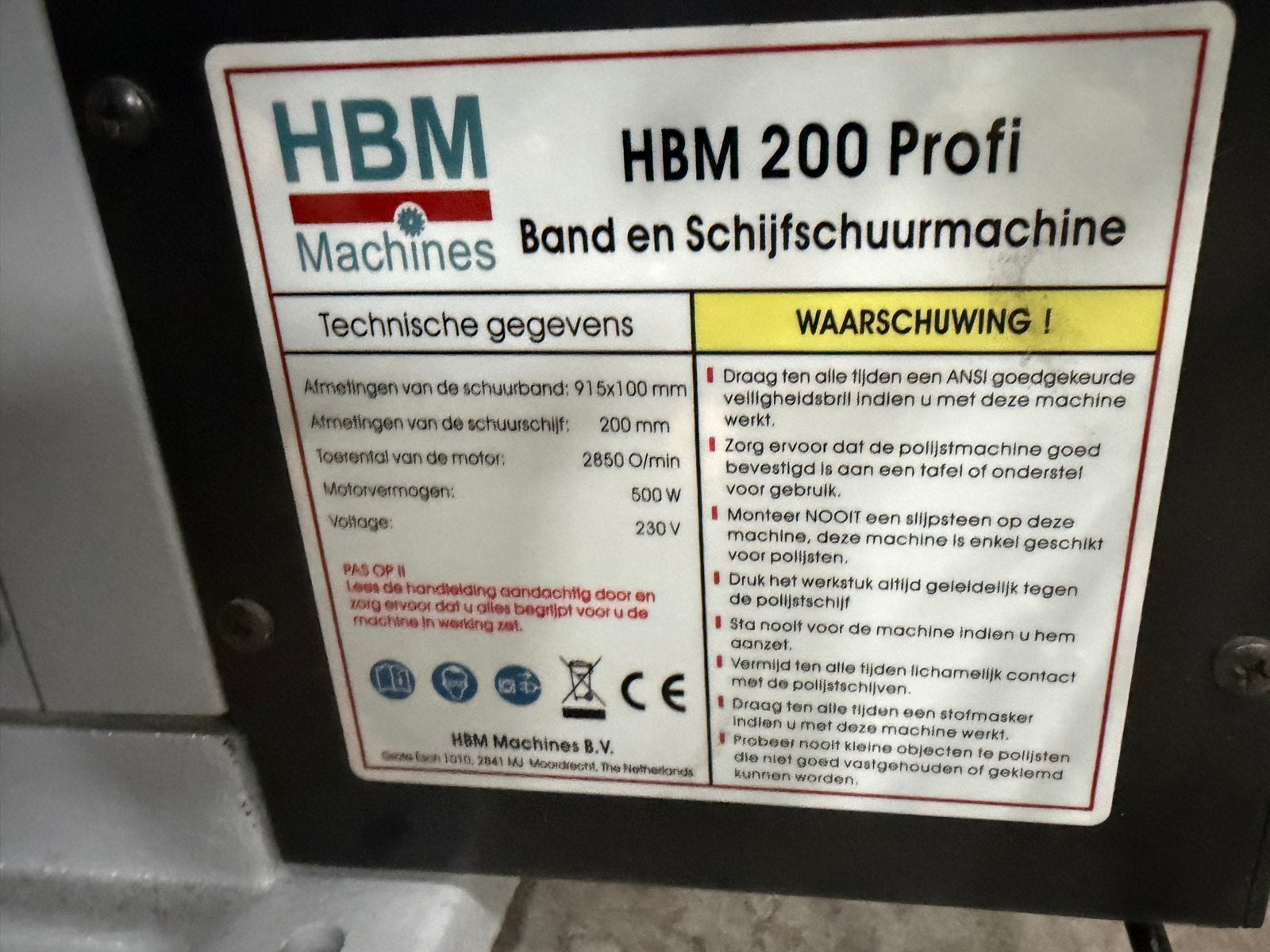 HBM 200 Profi Band- en Schijfschuurmachine, Ophalen, Gebruikt, Minder dan 600 watt, Bandschuurmachine