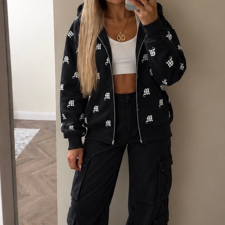 Mafia Zwarte Monogram Zip Hoodie, Verzenden, Zo goed als nieuw, Maat 38/40 (M), Zwart