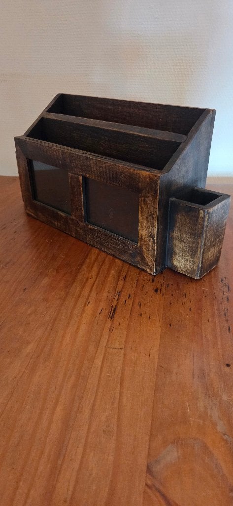Houten vintage bureau-organizer met fotovakken, Antiek en Kunst, Ophalen of Verzenden