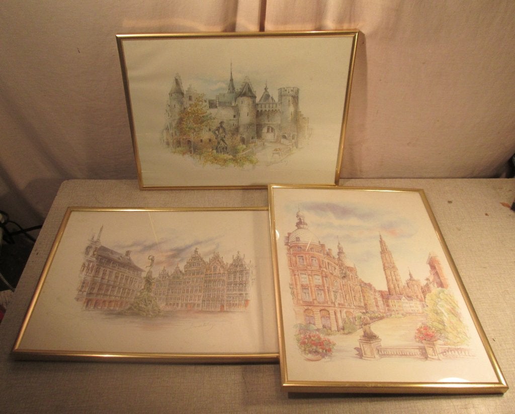 3 Prachtige Aquarellen - Gebouwen - Bernadette Vos, Antiek en Kunst, Kunst | Schilderijen | Klassiek, Ingelijst, Ophalen of Verzenden