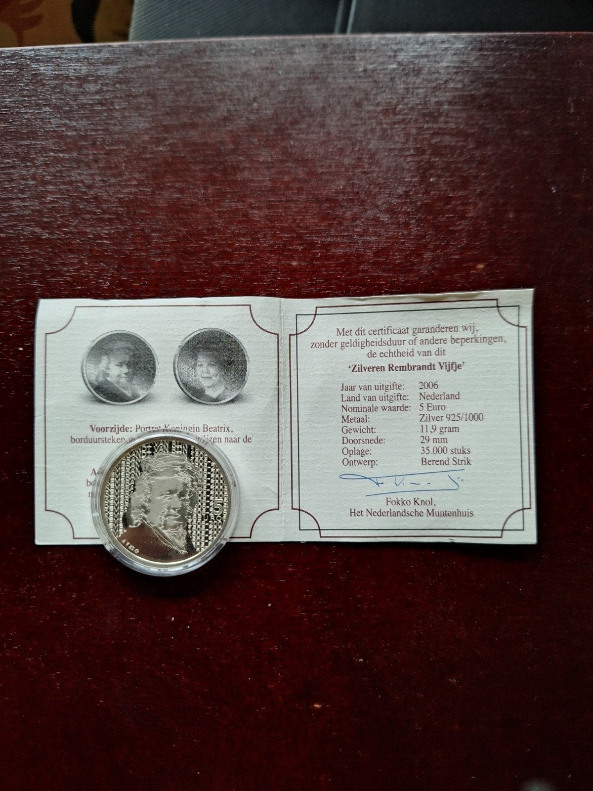 Zilveren Rembrandt Vijfje 2006 Koningin Beatrix, Koningin Beatrix, Zilver, Euro's, Ophalen of Verzenden